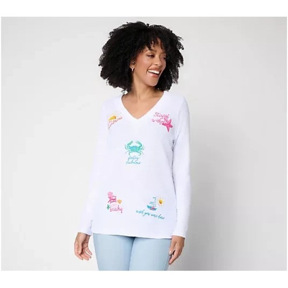 Belle Beach by Kim Gravel Sweatshirt Slub Sun & Sea V-Neck Top White, X-Large